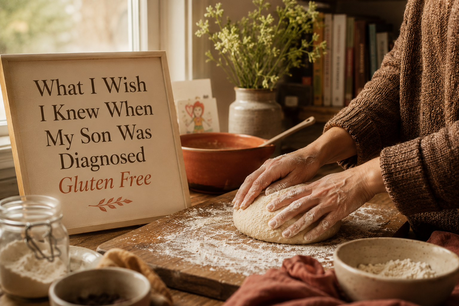 Hands kneading dough on a floured wooden board in a sunlit kitchen