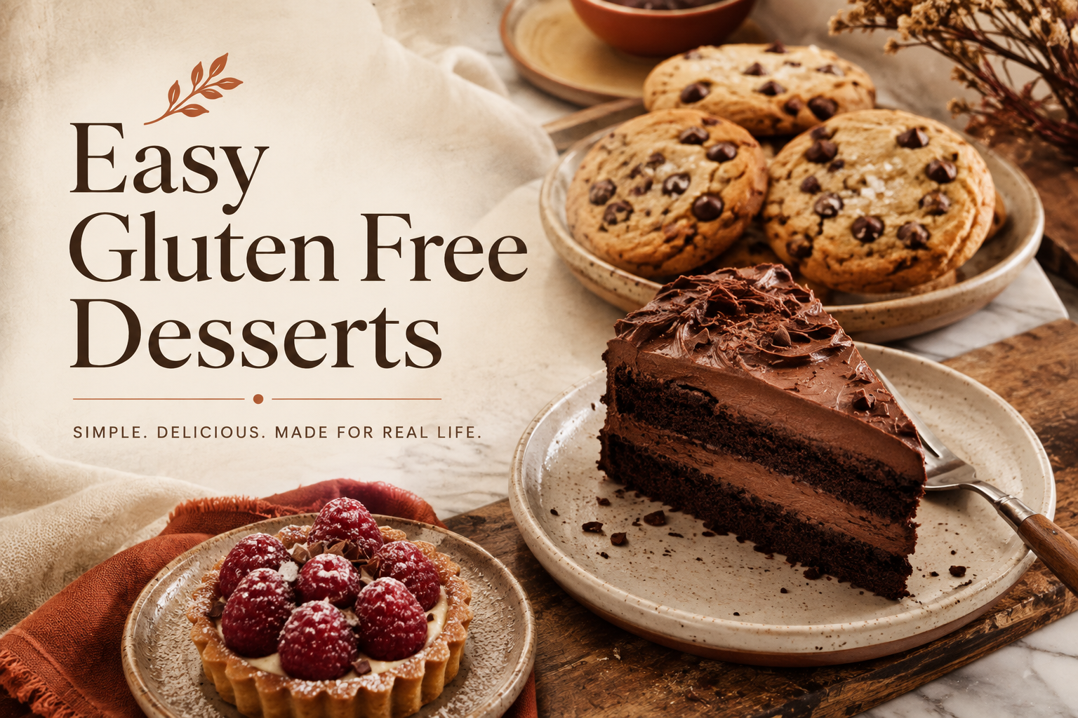 A slice of chocolate layer cake, chocolate chip cookies and a raspberry tart