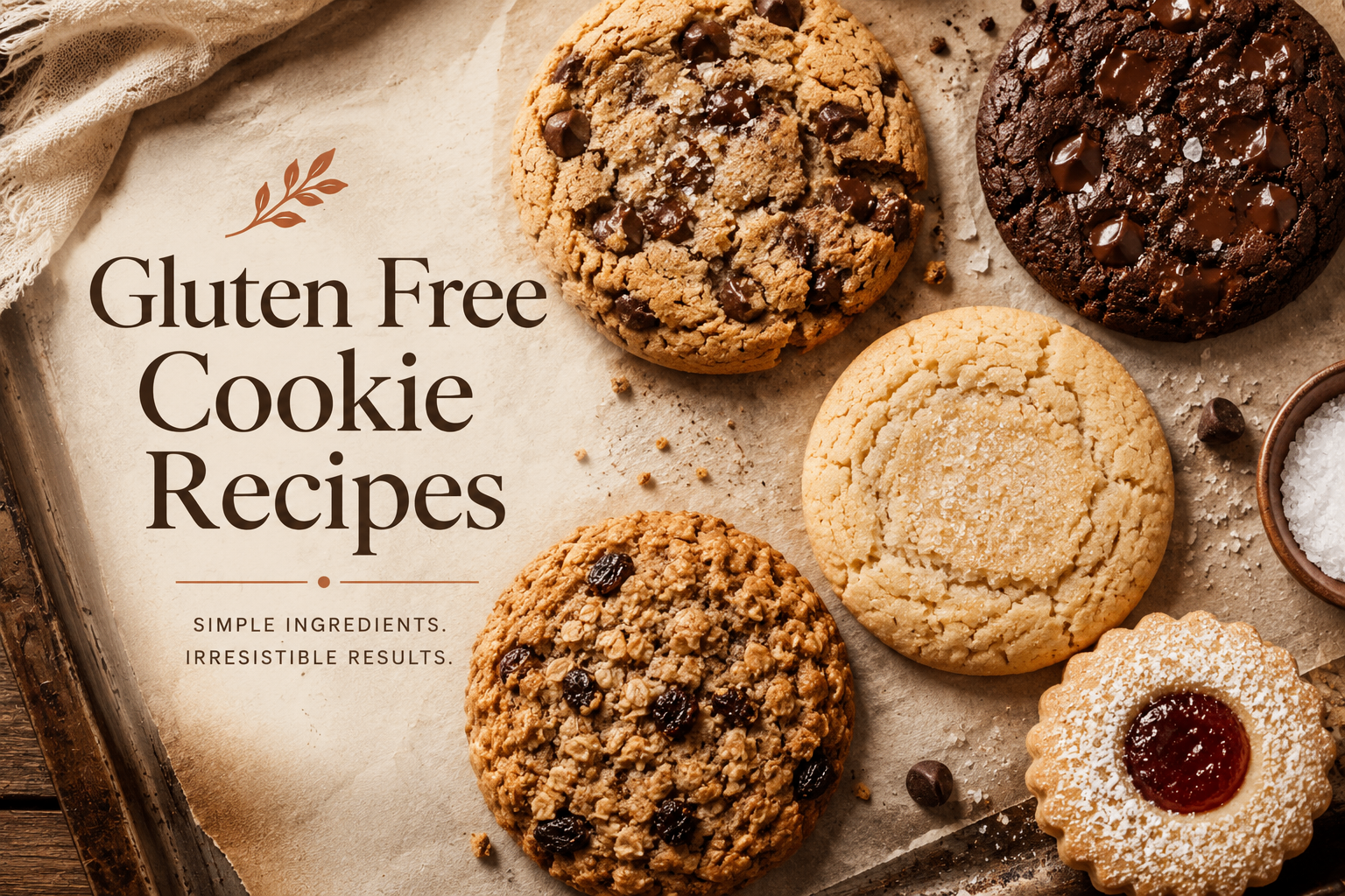 Chocolate chip, double chocolate, sugar, oatmeal and jam cookies on parchment